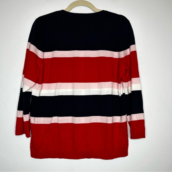 NWT Talbots Striped Cardigan Red Pink Navy White Cotton Blend Office Classic LRG - Picture 2 of 9